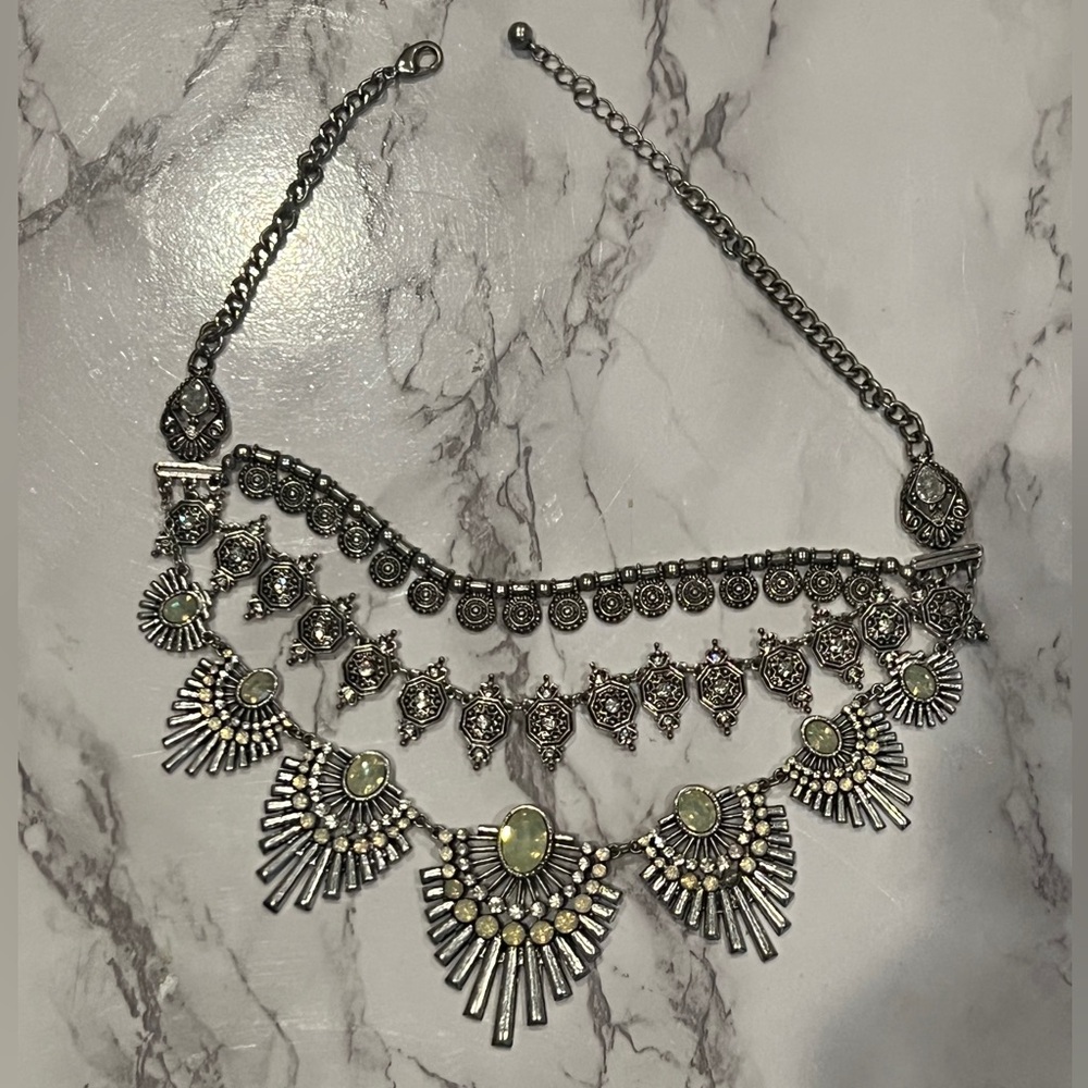 Vintage 1980s art deco style opal and silver bib statement necklace